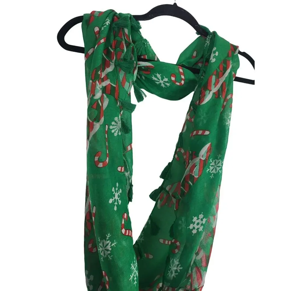 Womens Infinity Scarf Green Candy Cane Snowflake Sheer 34x21 In Holiday‎